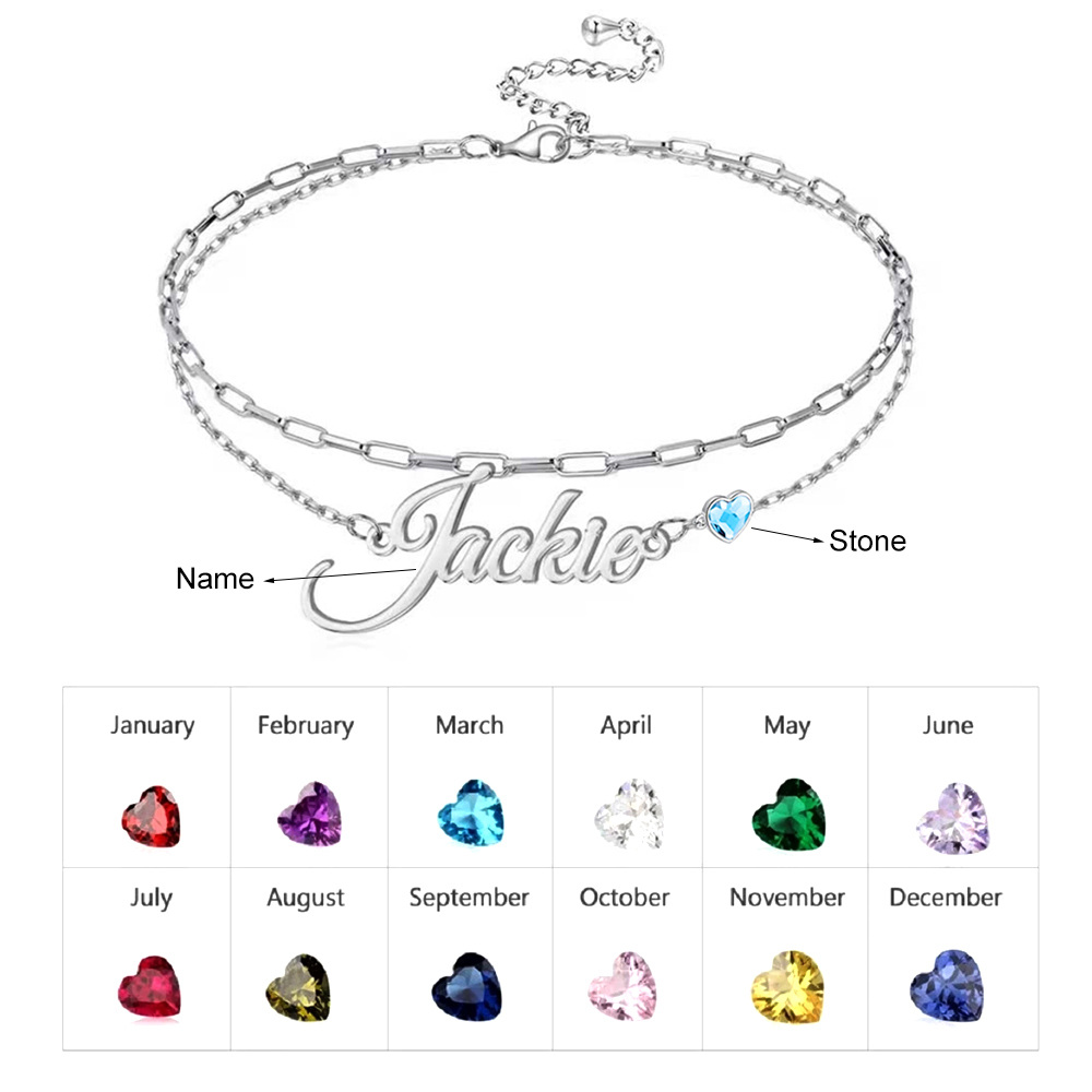 Sterling Silver Heart Cubic Zirconia Custom Birthstone Engraving Multi-Layered Chain Anklet For Women-4