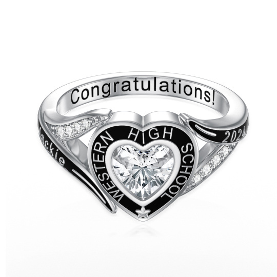 Sterling Silver Heart Cubic Zirconia Personalized Birthstone & Engraving Ring For Women Best Friends