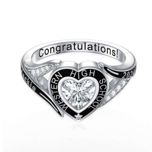 Sterling Silver Heart Shaped Cubic Zirconia Personalized Birthstone & Personalized Engraving Ring-1