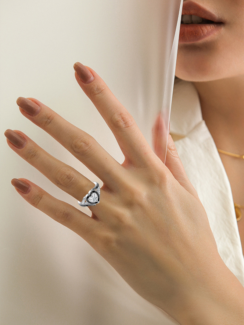 Sterling Silver Heart Cubic Zirconia Personalized Birthstone & Engraving Ring For Women Best Friends-2