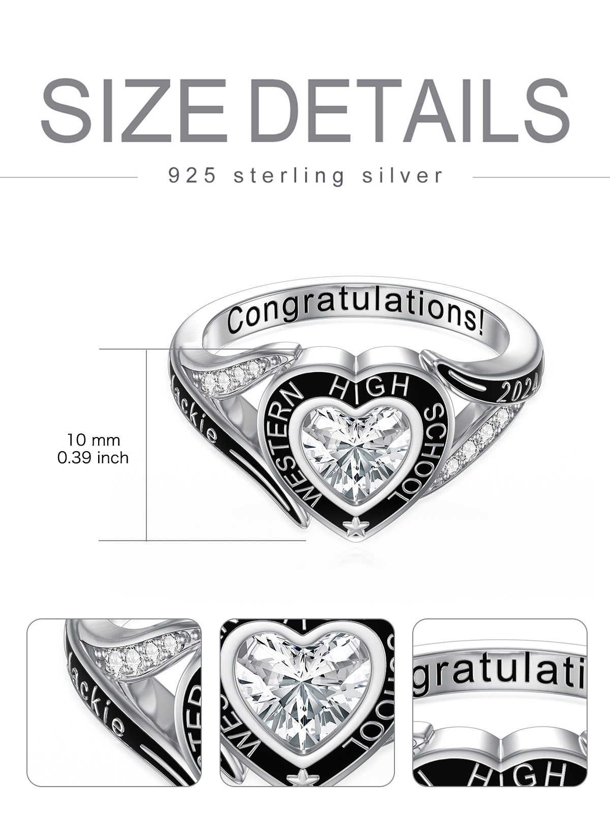 Sterling Silver Heart Shaped Cubic Zirconia Personalized Birthstone & Personalized Engraving Ring-5