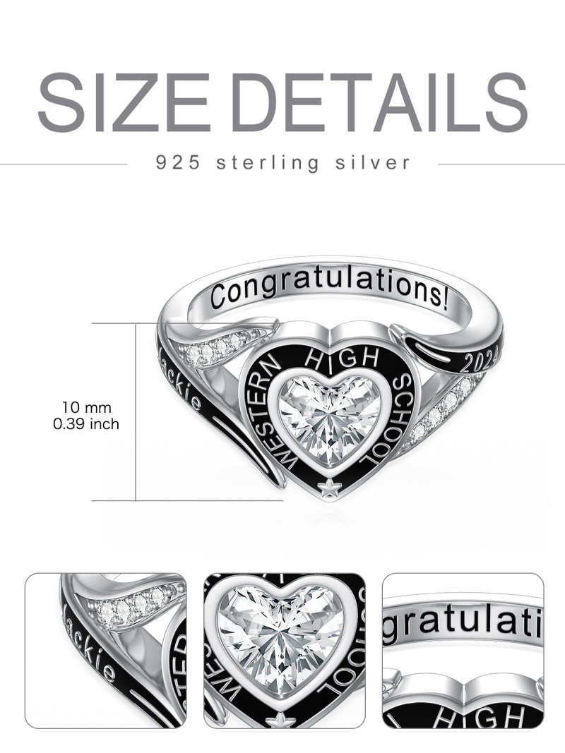 Sterling Silver Heart Cubic Zirconia Personalized Birthstone & Engraving Ring For Women Best Friends-5
