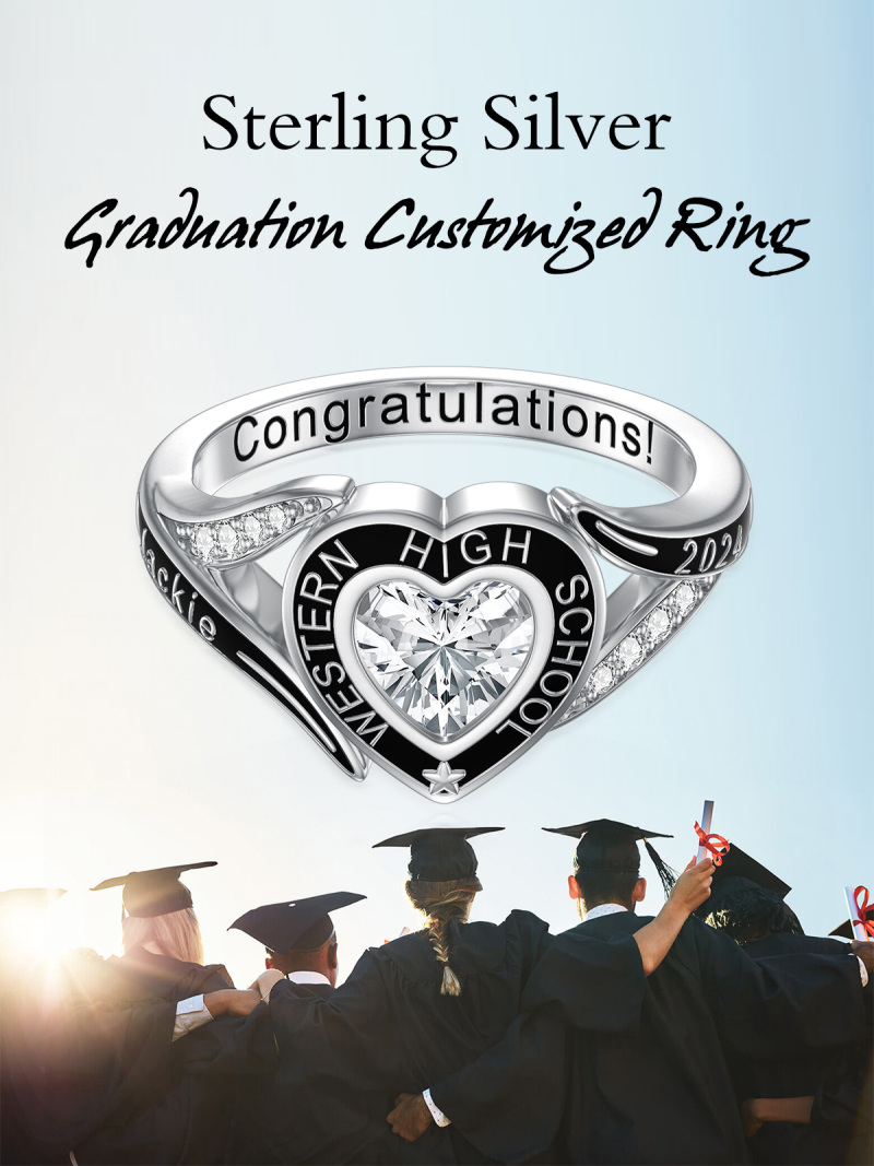 Sterling Silver Heart Cubic Zirconia Personalized Birthstone & Engraving Ring For Women Best Friends-6