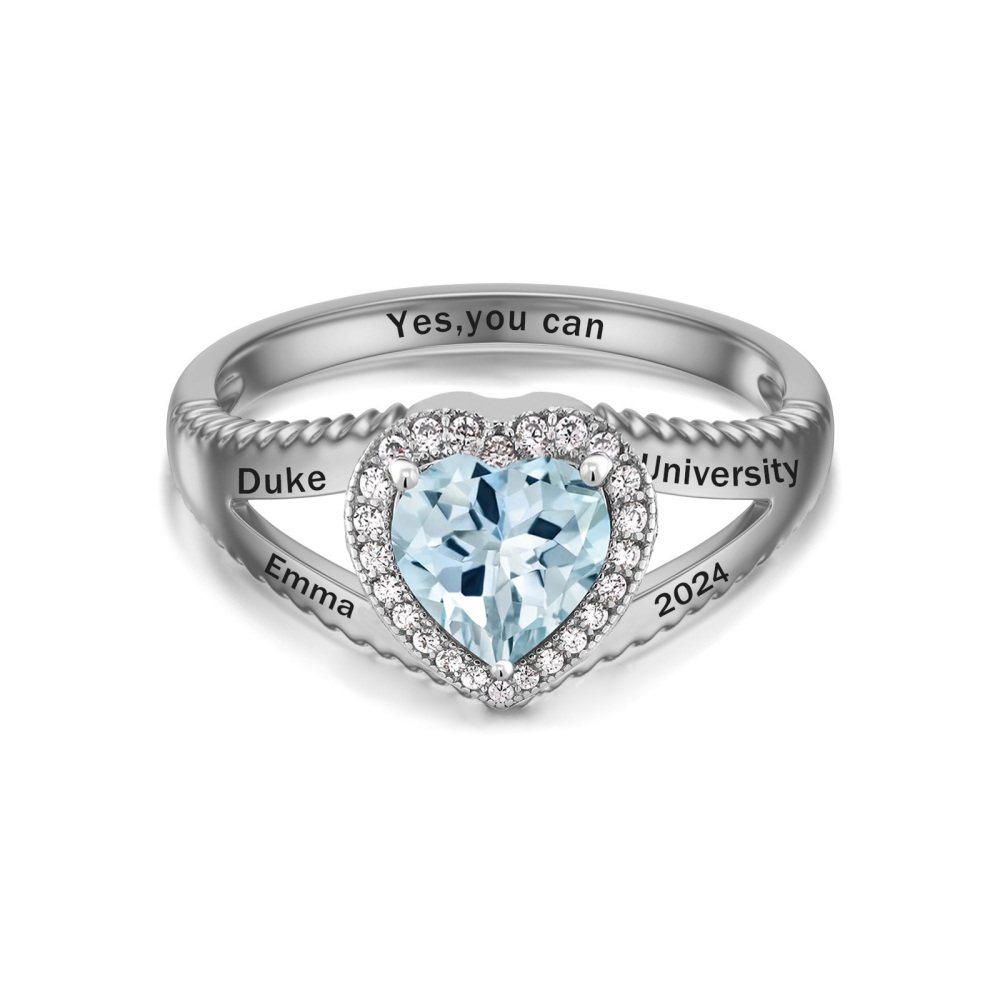 Sterling Silver Heart Personalized Birthstone With Personalized Engraving Ring For Women-1