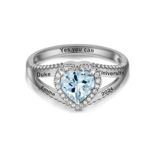 Pierre de naissance personnalisée en forme de cœur en argent sterling avec bague gravée personnalisée pour femme