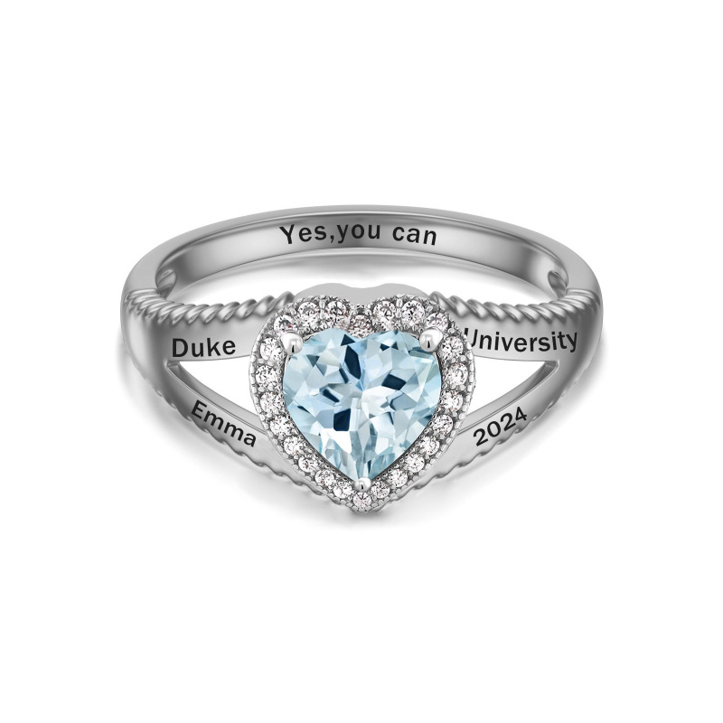 Sterling Silver Heart Shaped Cubic Zirconia Personalized Birthstone & Personalized Engraving Ring-2