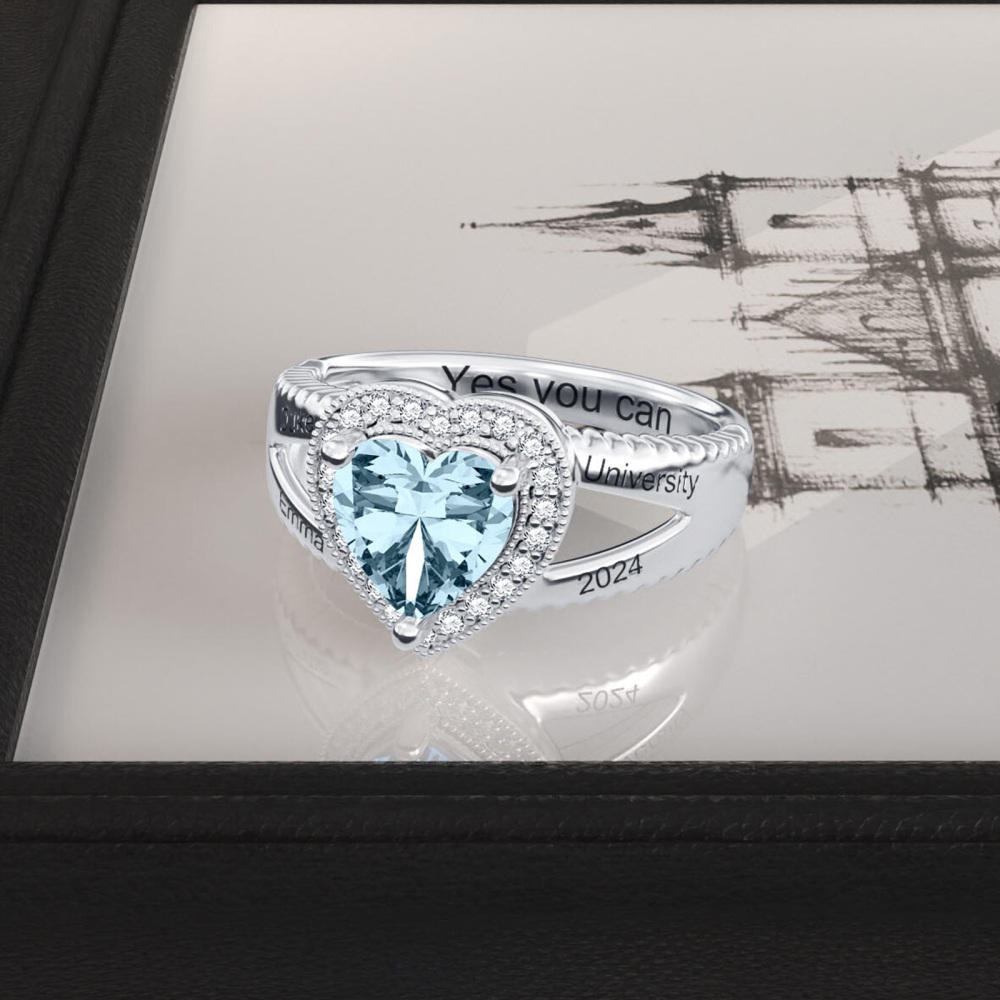 Sterling Silver Heart Personalized Birthstone With Personalized Engraving Ring For Women-3