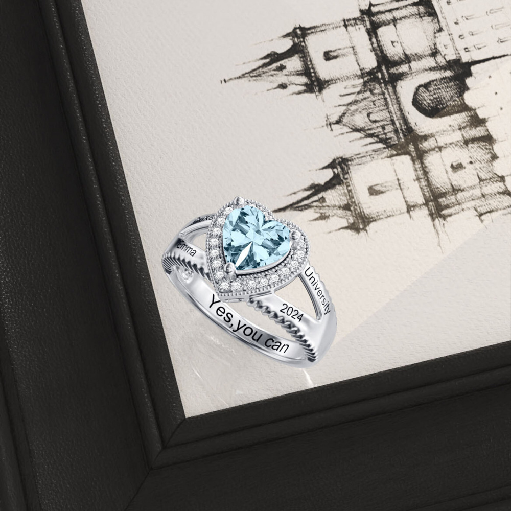 Sterling Silver Heart Personalized Birthstone With Personalized Engraving Ring For Women-4