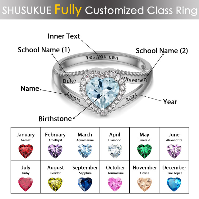 Sterling Silver Heart Shaped Cubic Zirconia Personalized Birthstone & Personalized Engraving Ring-5