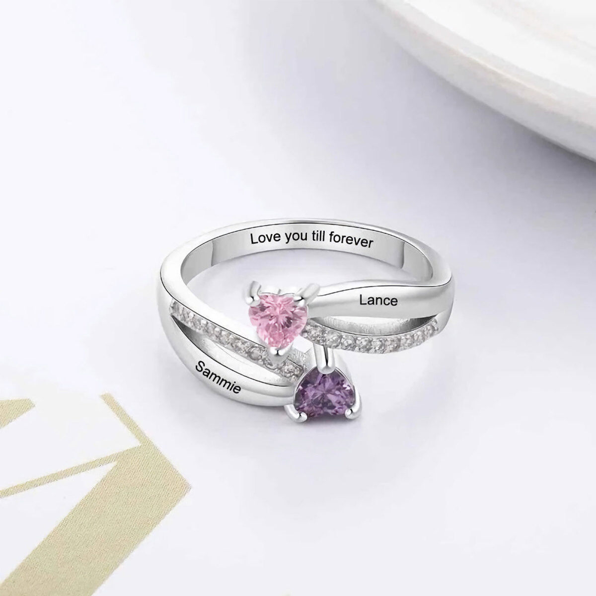 Anillo de plata de ley en forma de corazón con piedra de nacimiento personalizada y grabad-4