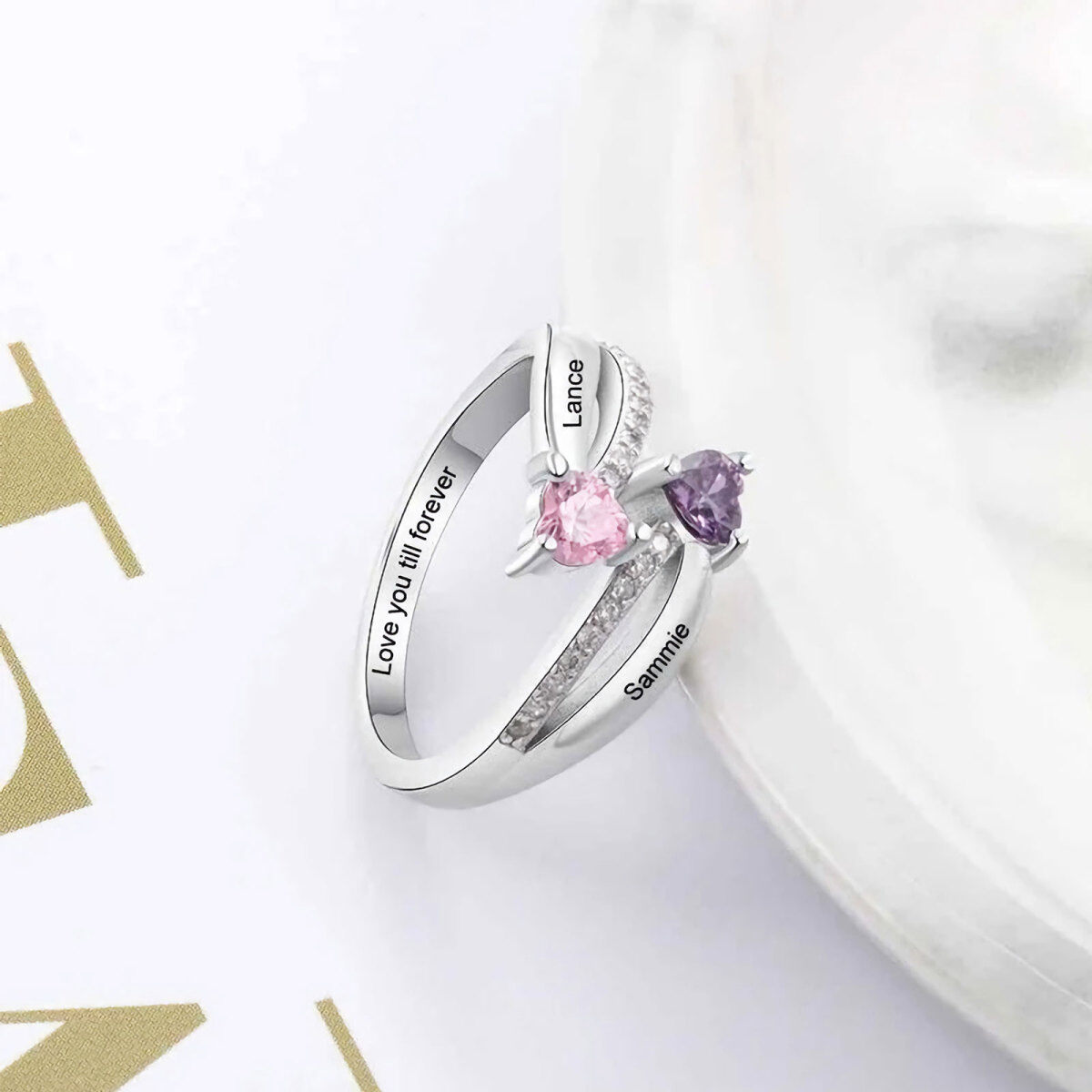 Anillo de plata de ley en forma de corazón con piedra de nacimiento personalizada y grabad-5