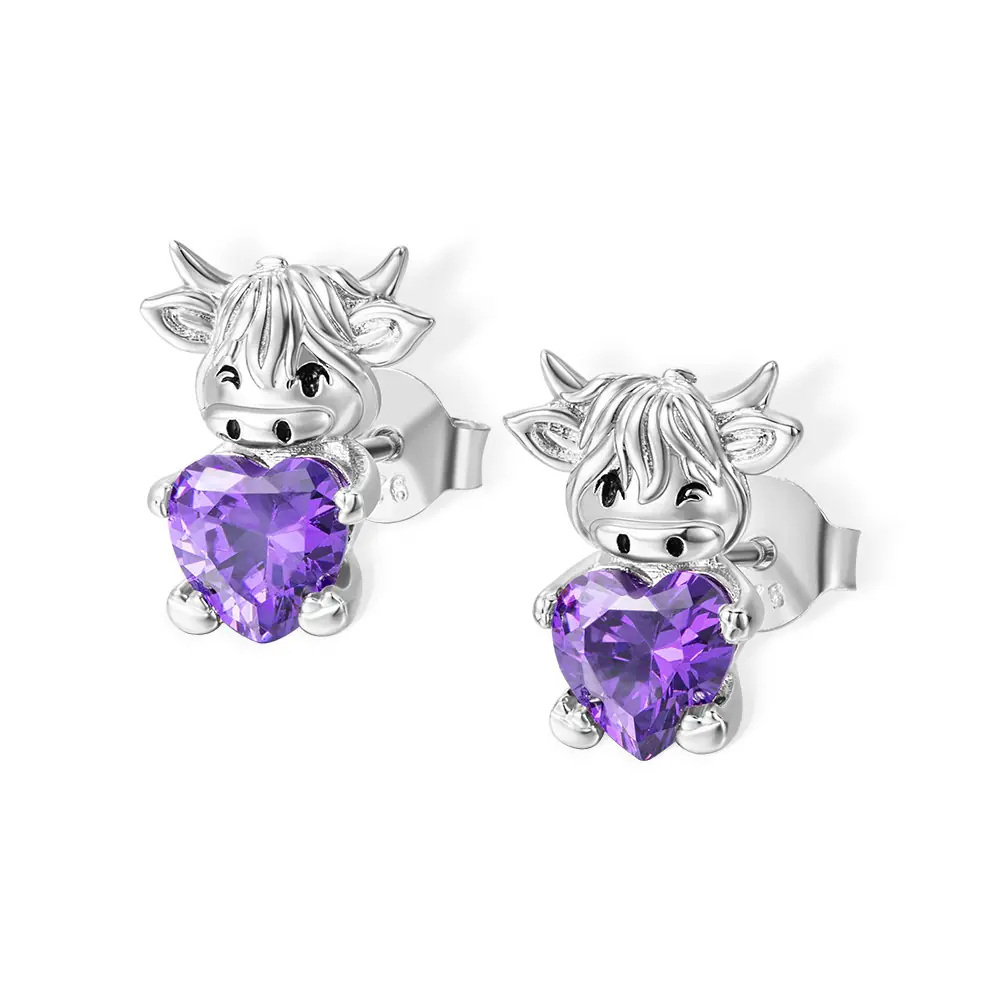 Sterling Silver Heart Shaped Cubic Zirconia & Personalized Birthstone Highland Cow Stud Earrings-1