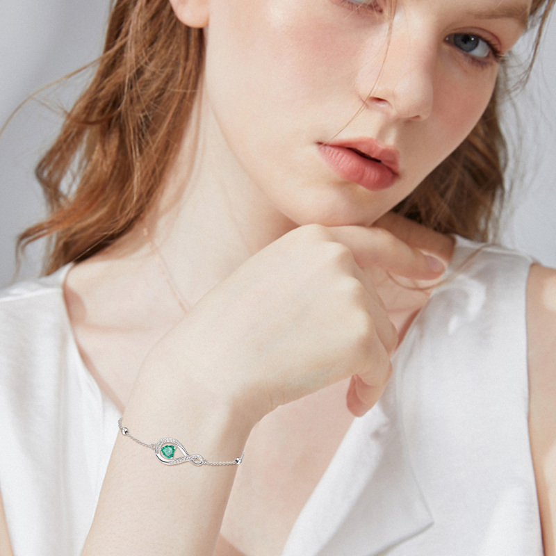 Pulseira com pingente de símbolo do infinito, coração de prata esterlina, zircônia cúbica, pedra de aniversário personalizada, para mulheres-2