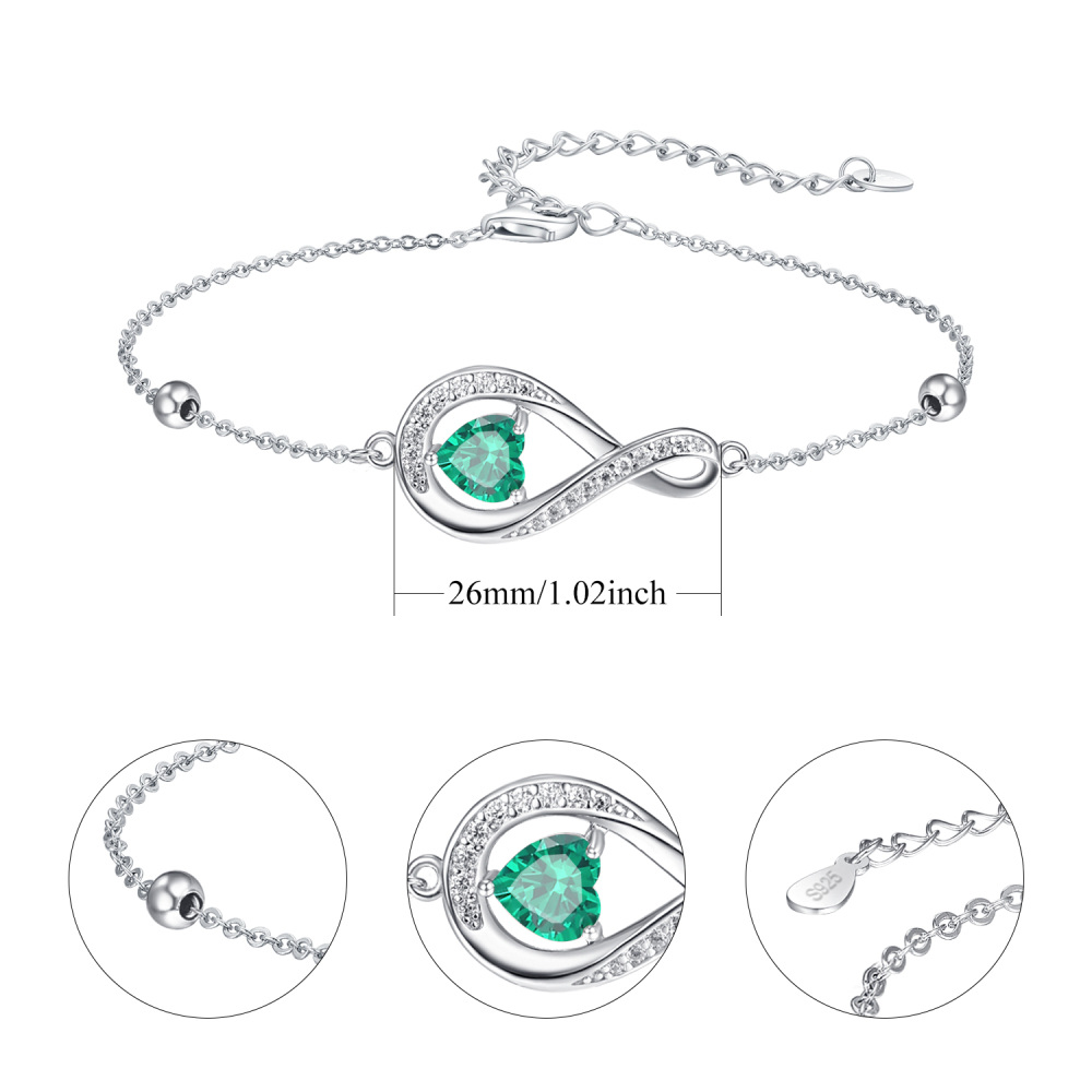 Sterling Silver Heart Cubic Zirconia Personalised Birthstone Infinity Symbol Charm Bracelet For Women-4