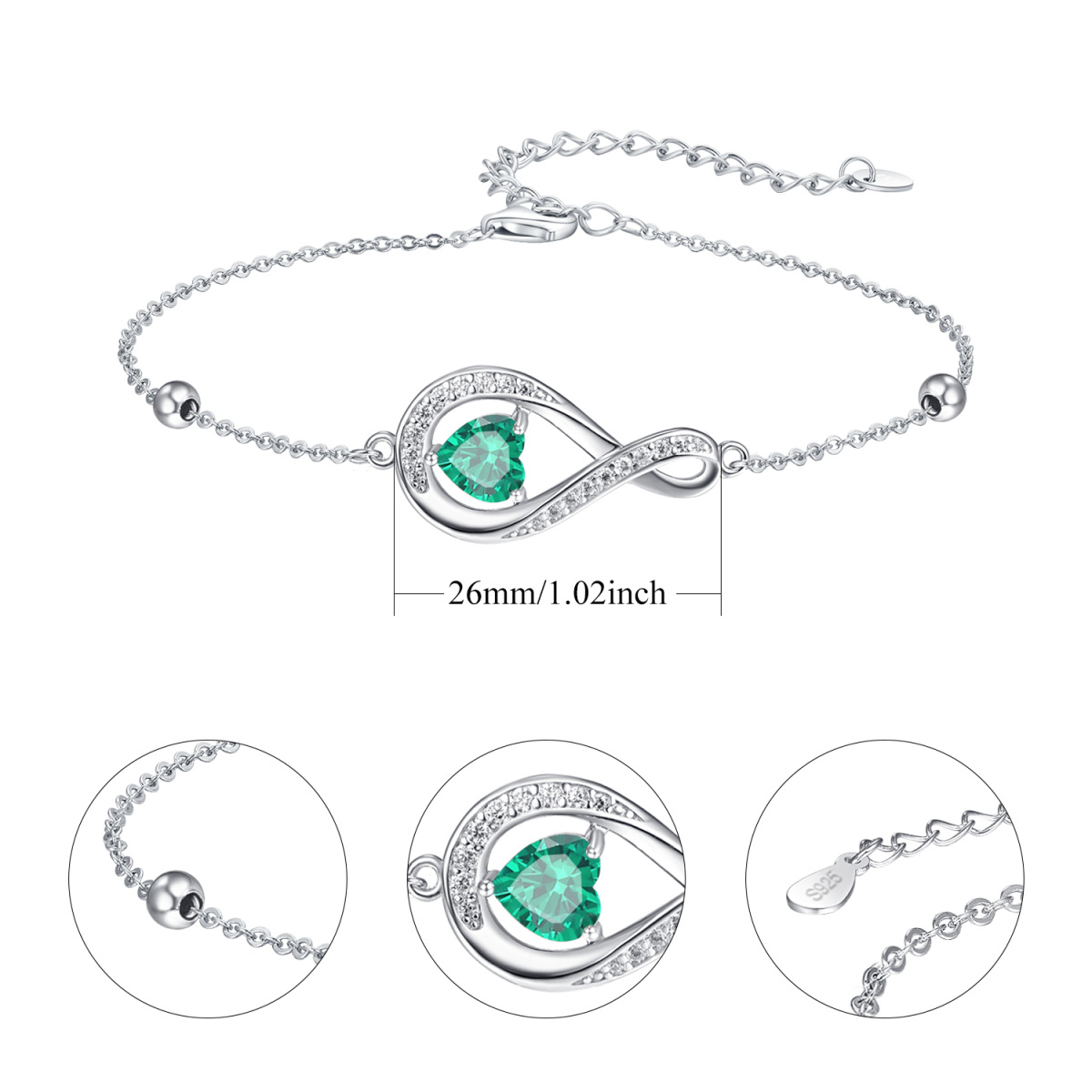 Pulsera con colgante de símbolo de infinito de plata de ley con forma de corazón y circonita cúbica personalizada para mujer-4