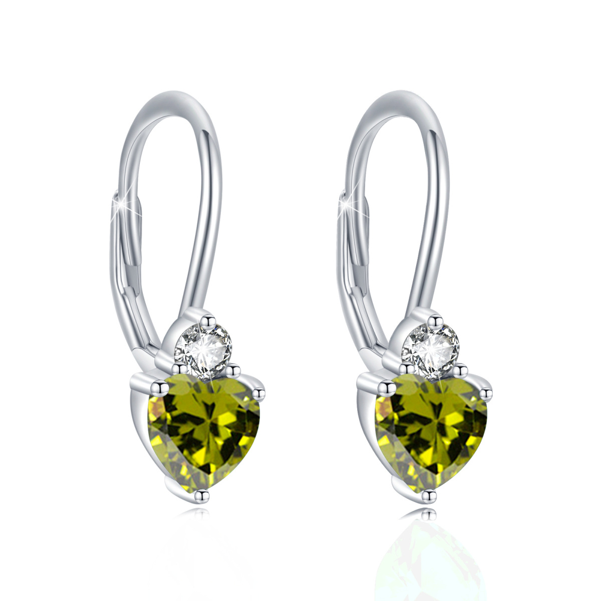 Sterling Silver Heart Cubic Zirconia Costom Birthstone Lever-Back Earrings-1