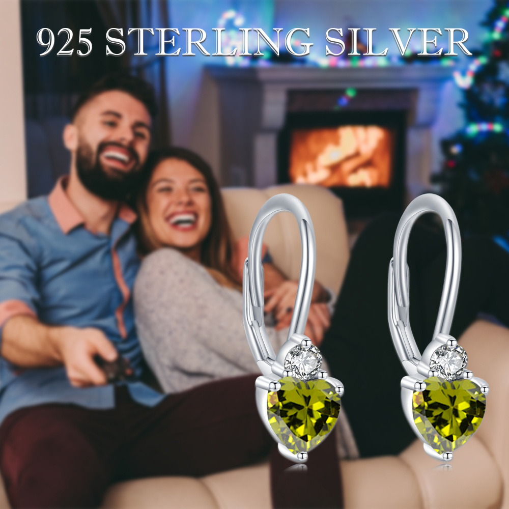 Pendientes con cierre de palanca y piedra natal Costom de plata de ley con forma de corazón y circonita cúbica-5