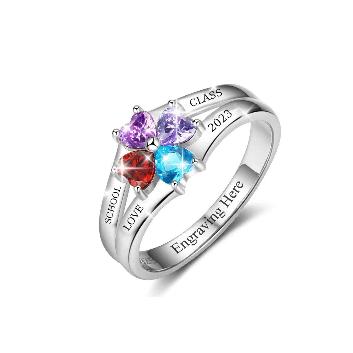 Sterling Silver Heart Shaped Cubic Zirconia Personalized Engraving & Birthstone Ring-1