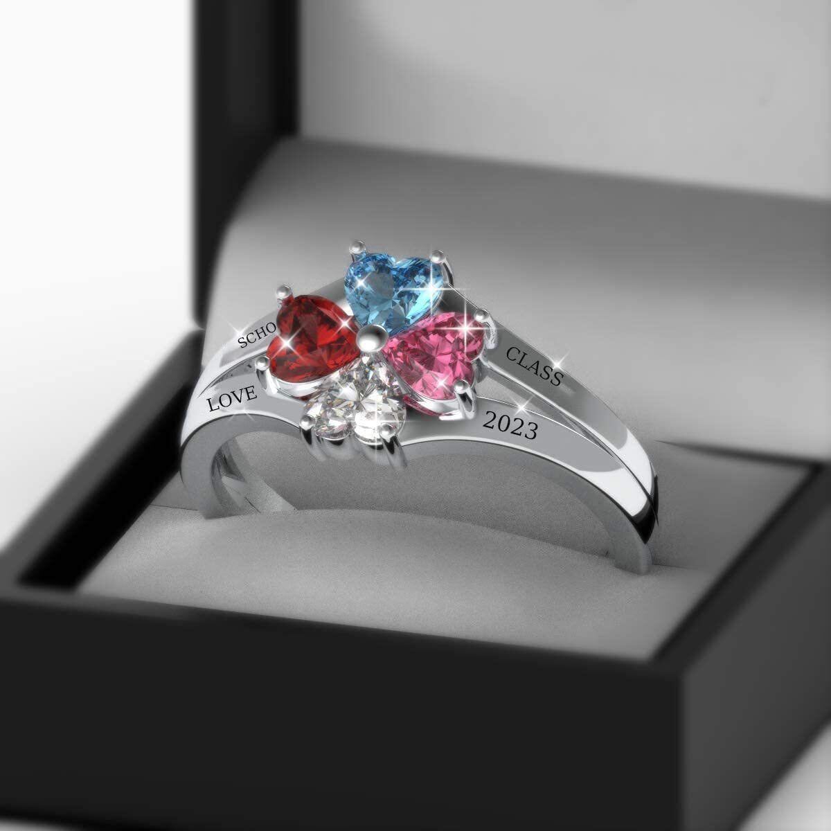 Sterling Silver Heart Shaped Cubic Zirconia Personalized Engraving & Birthstone Ring-4