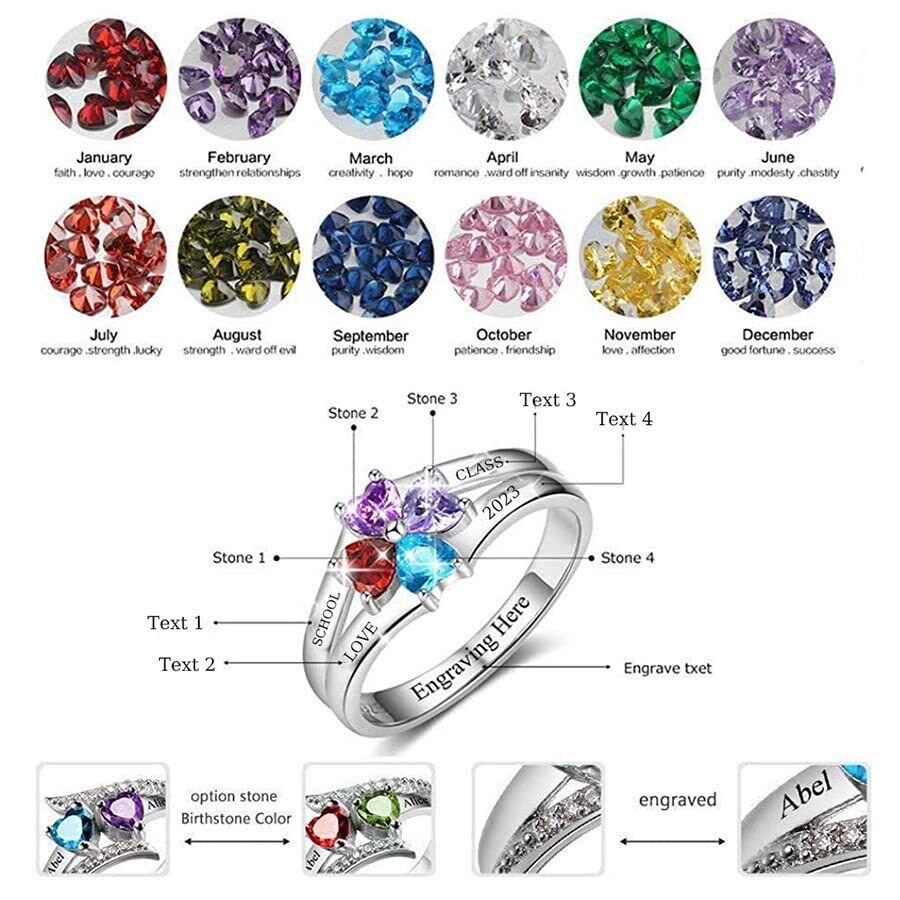 Sterling Silver Heart Shaped Cubic Zirconia Personalized Engraving & Birthstone Ring-5