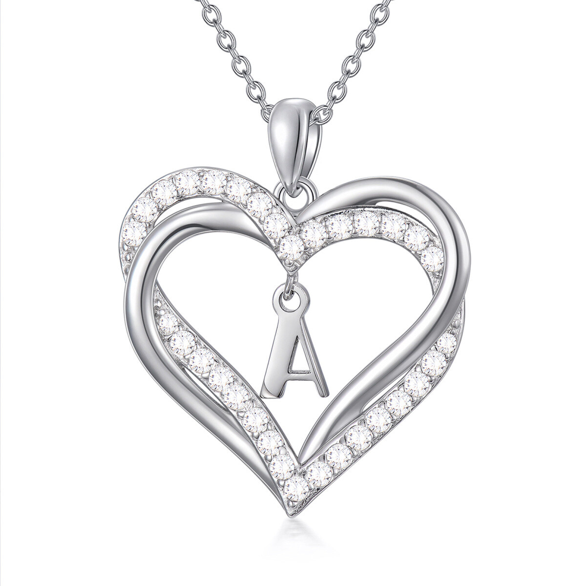 Sterling Silver Heart Cubic Zirconia Personalized Initial Letter A & Heart Pendant Necklace For Women Best Friends-1