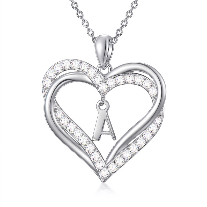 Sterling Silver Heart Cubic Zirconia Personalized Initial Letter A & Heart Pendant Necklace For Women Best Friends