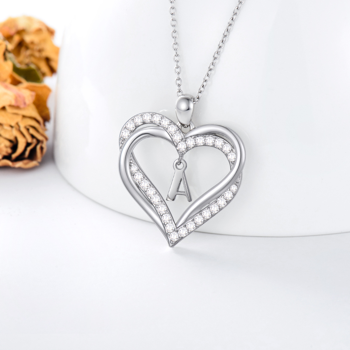 Sterling Silver Heart Cubic Zirconia Personalized Initial Letter A & Heart Pendant Necklace For Women Best Friends-4