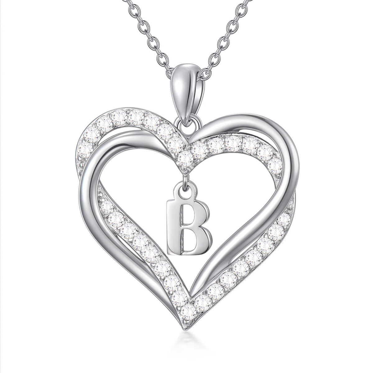 Sterling Silver Heart Cubic Zirconia Personalized Initial Letter B & Heart Pendant Necklace For Women Best Friends-1