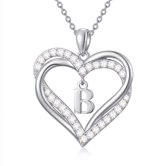 Sterling Silver Heart Shaped Cubic Zirconia Personalized Initial Letter & Heart Pendant Necklace with Initial Letter B-1