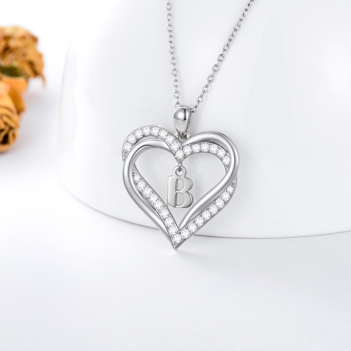 Collar con colgante de corazón y circonita cúbica de plata de ley con letra inicial B y corazón para mujeres y mejores amigas-4