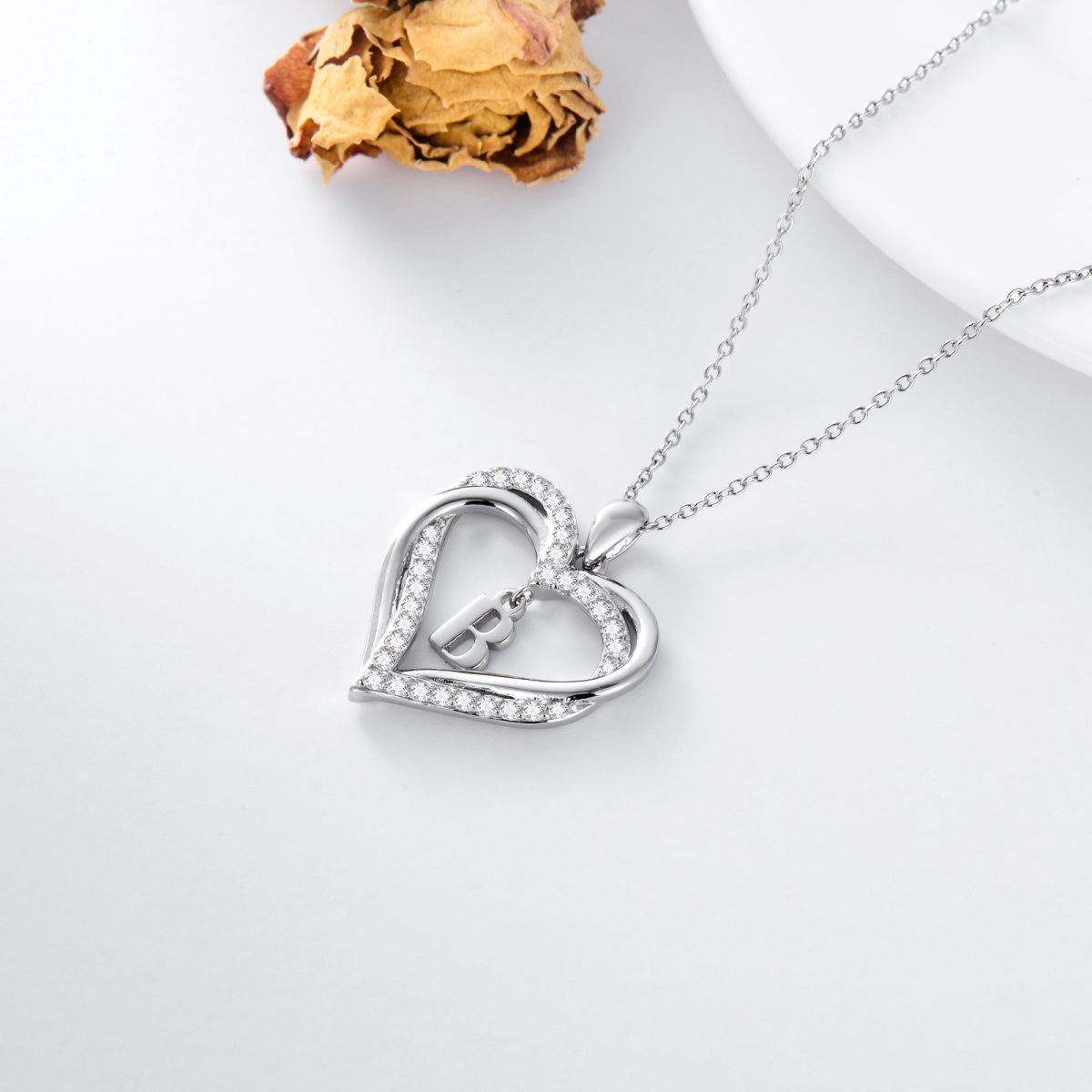 Sterling Silver Heart Shaped Cubic Zirconia Personalized Initial Letter & Heart Pendant Necklace with Initial Letter B-5