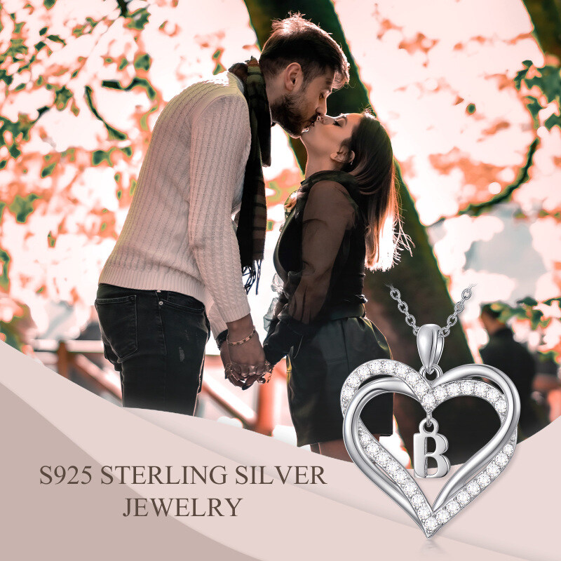 Colar com pingente de coração em prata esterlina, zircônia cúbica, letra inicial personalizada B e coração, para mulheres, melhores amigos-6