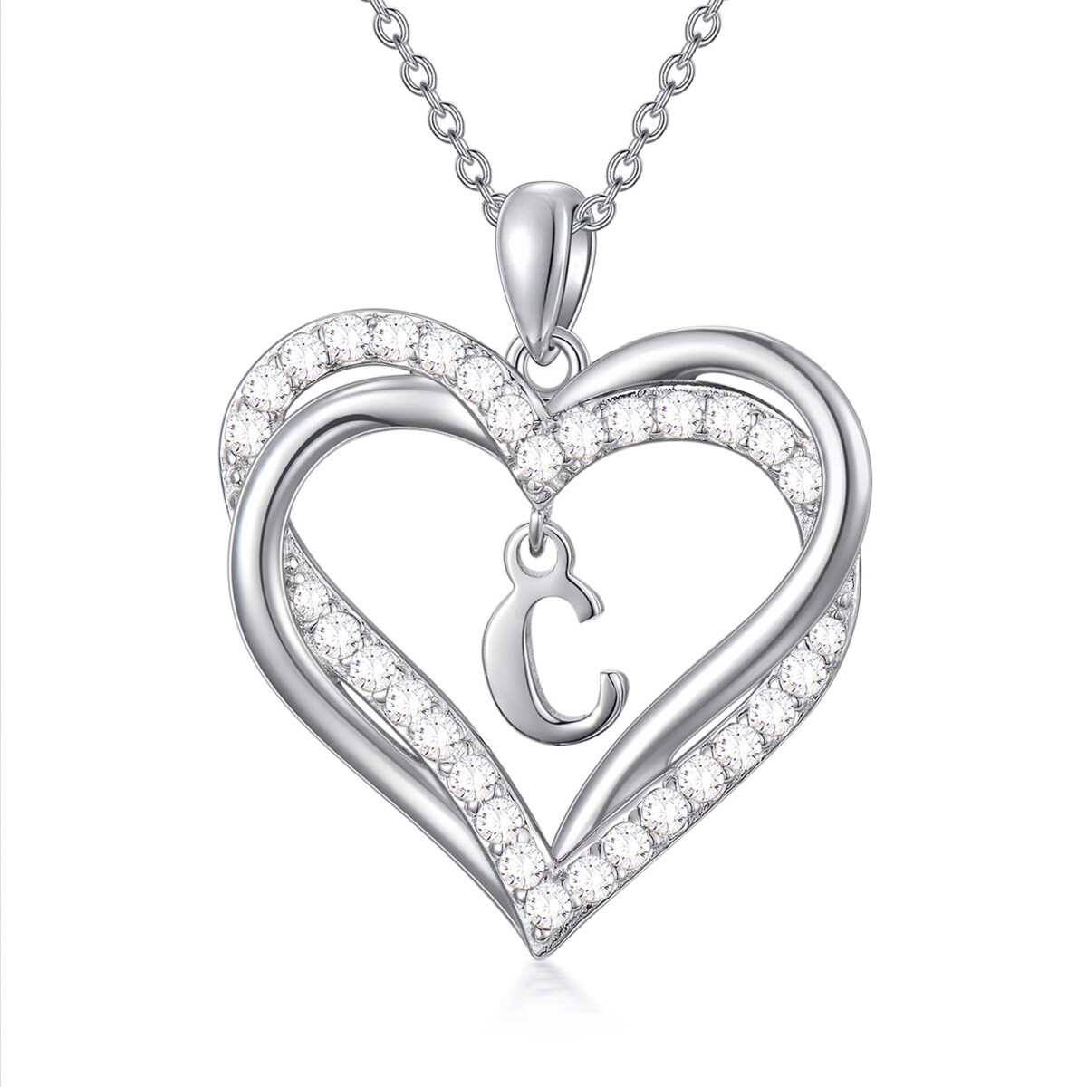 Sterling Silver Heart Cubic Zirconia Personalized Initial Letter C & Heart Pendant Necklace For Women Best Friends-1