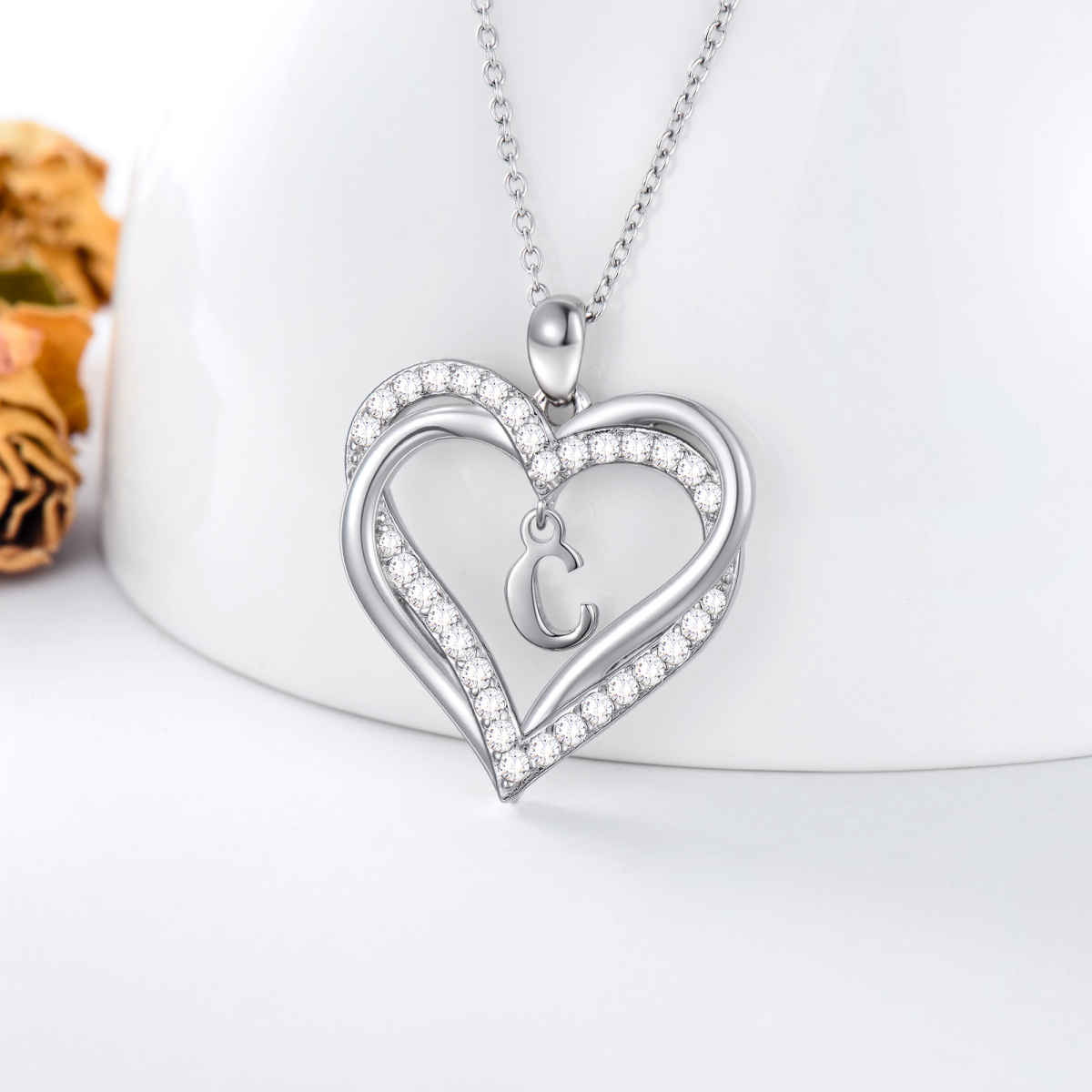 Sterling Silver Heart Shaped Cubic Zirconia Personalized Initial Letter & Heart Pendant Necklace with Initial Letter C-4