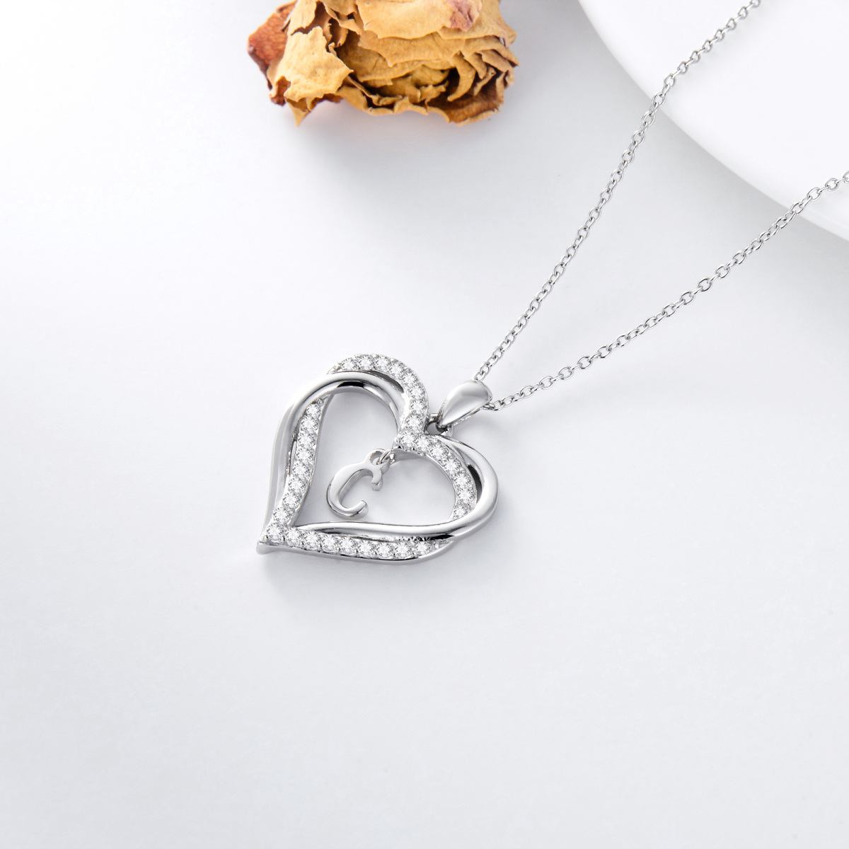 Sterling Silver Heart Shaped Cubic Zirconia Personalized Initial Letter & Heart Pendant Necklace with Initial Letter C-5