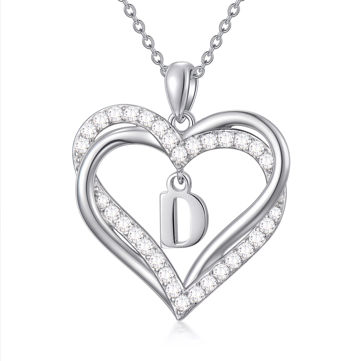 Sterling Silver Heart Cubic Zirconia Personalized Initial Letter D & Heart Pendant Necklace For Women Best Friends-1