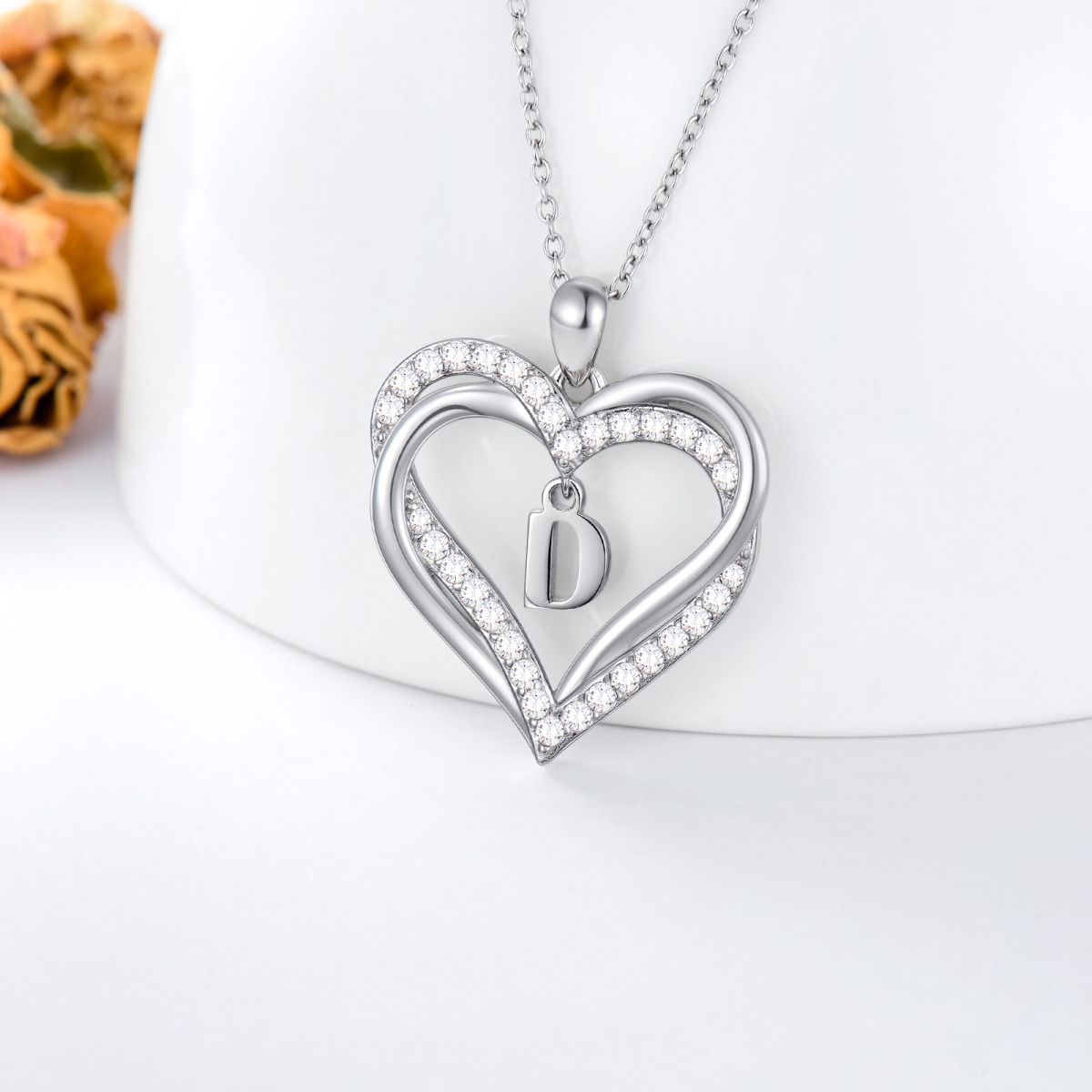 Sterling Silver Heart Cubic Zirconia Personalized Initial Letter D & Heart Pendant Necklace For Women Best Friends-4