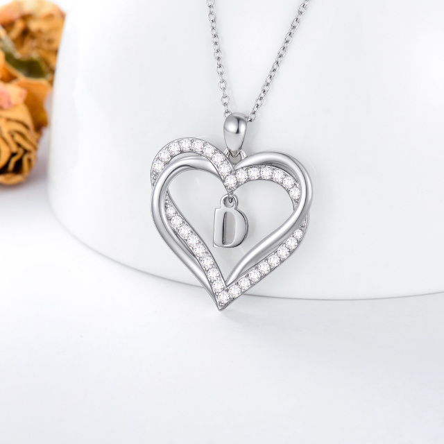 Sterling Silver Heart Shaped Cubic Zirconia Personalized Initial Letter & Heart Pendant Necklace with Initial Letter D-4