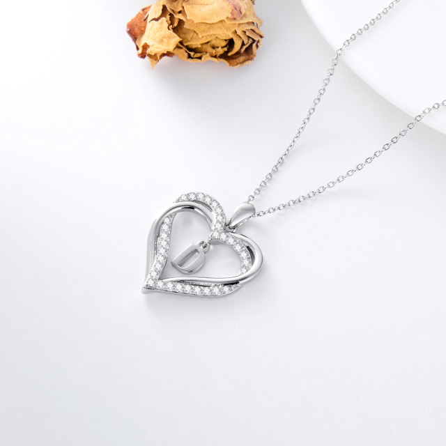 Sterling Silver Heart Shaped Cubic Zirconia Personalized Initial Letter & Heart Pendant Necklace with Initial Letter D-5