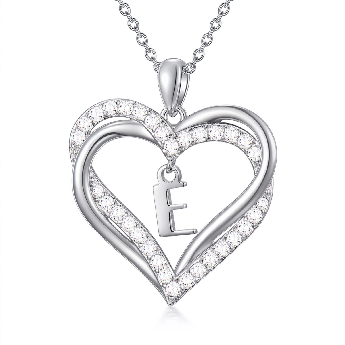 Sterling Silver Heart Shaped Cubic Zirconia Personalized Initial Letter & Heart Pendant Necklace with Initial Letter E-1