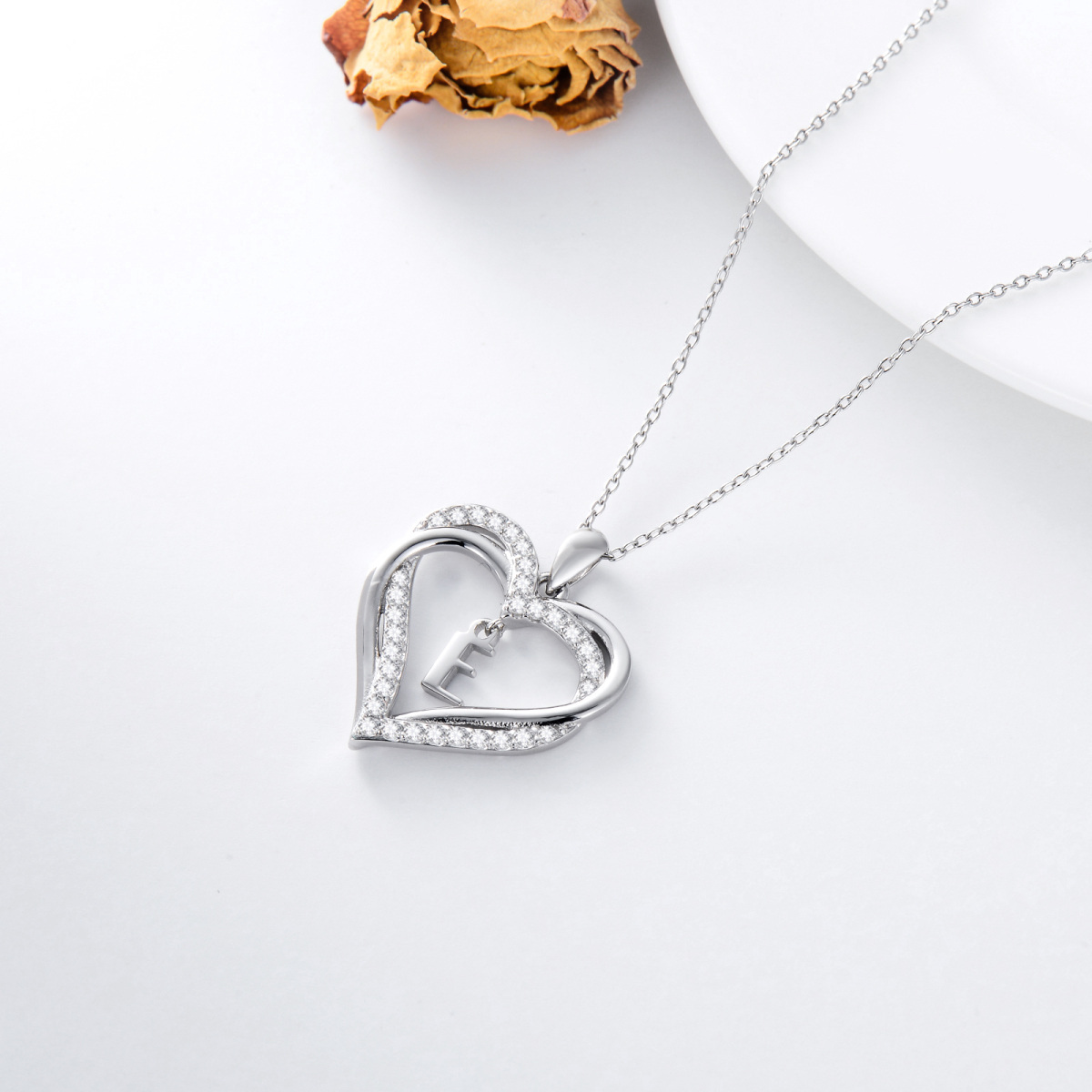 Sterling Silver Heart Shaped Cubic Zirconia Personalized Initial Letter & Heart Pendant Necklace with Initial Letter E-5