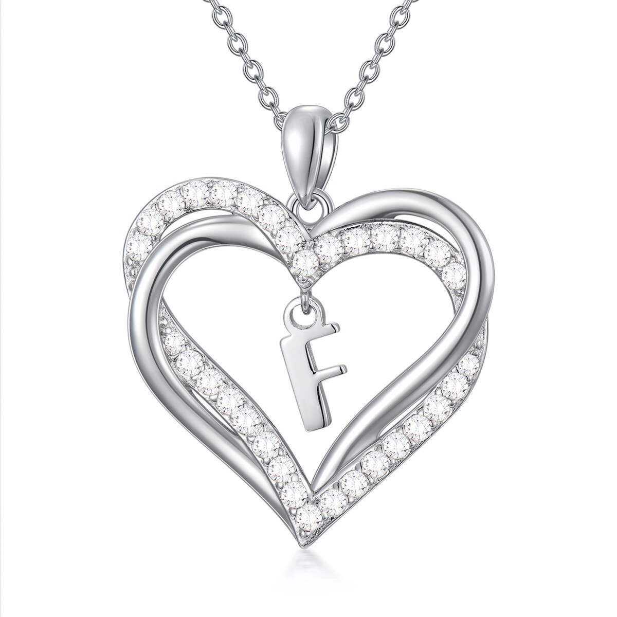 Sterling Silver Heart Shaped Cubic Zirconia Personalized Initial Letter & Heart Pendant Necklace with Initial Letter F-1