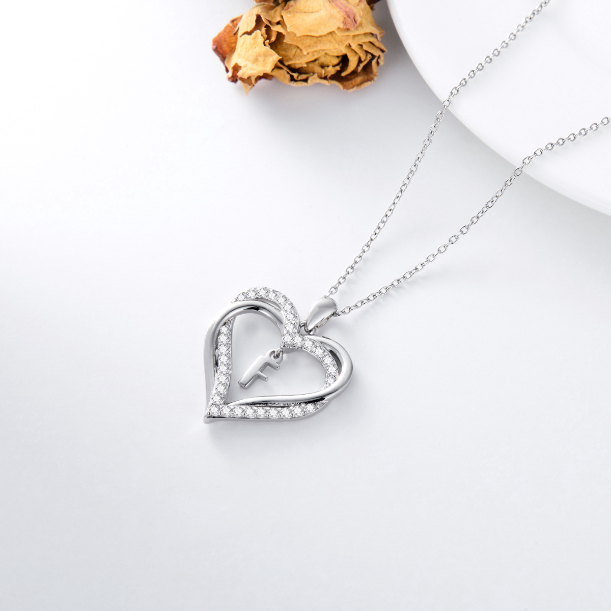 Sterling Silver Heart Shaped Cubic Zirconia Personalized Initial Letter & Heart Pendant Necklace with Initial Letter F-5