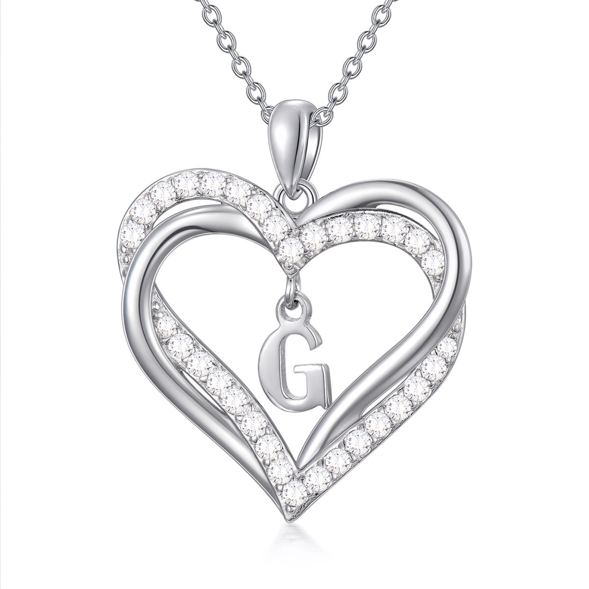 Sterling Silver Heart Shaped Cubic Zirconia Personalized Initial Letter & Heart Pendant Necklace with Initial Letter G-1