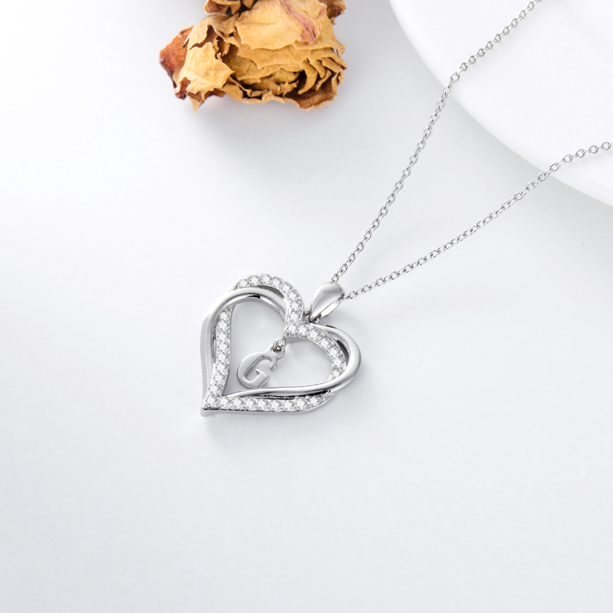 Sterling Silver Heart Shaped Cubic Zirconia Personalized Initial Letter & Heart Pendant Necklace with Initial Letter G-5