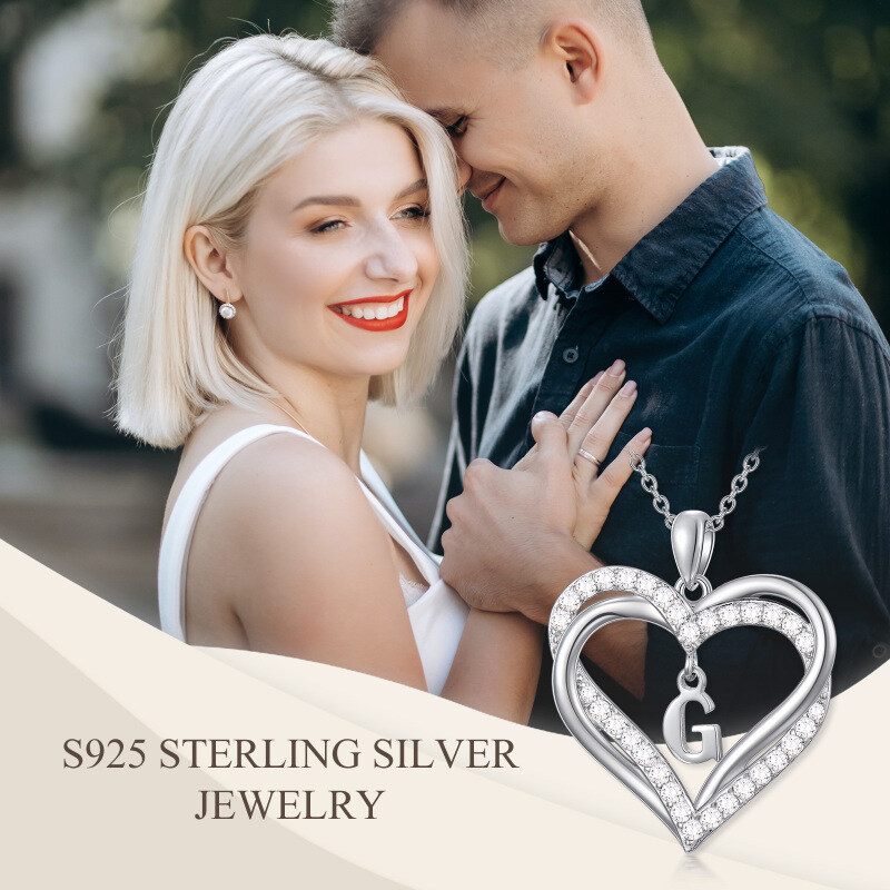 Sterling Silver Heart Cubic Zirconia Personalized Initial Letter G & Heart Pendant Necklace For Women Best Friends-6