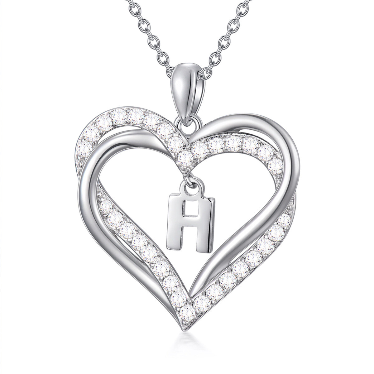 Sterling Silver Heart Shaped Cubic Zirconia Personalized Initial Letter & Heart Pendant Necklace with Initial Letter H-1