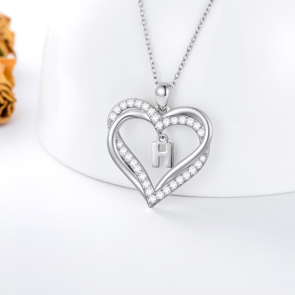 Sterling Silver Heart Shaped Cubic Zirconia Personalized Initial Letter & Heart Pendant Necklace with Initial Letter H-4