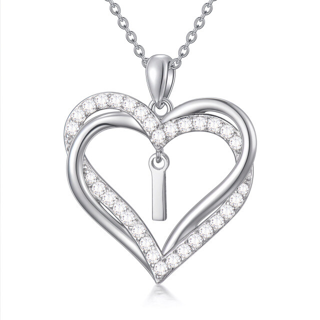 Sterling Silver Heart Shaped Cubic Zirconia Personalized Initial Letter & Heart Pendant Necklace with Initial Letter I-1