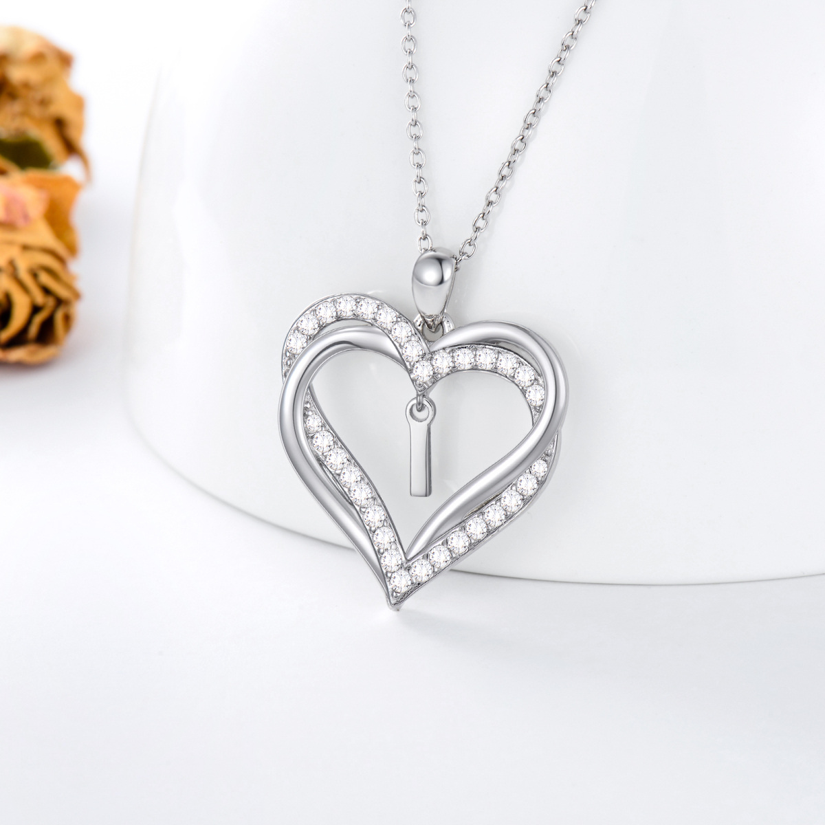 Sterling Silver Heart Shaped Cubic Zirconia Personalized Initial Letter & Heart Pendant Necklace with Initial Letter I-4